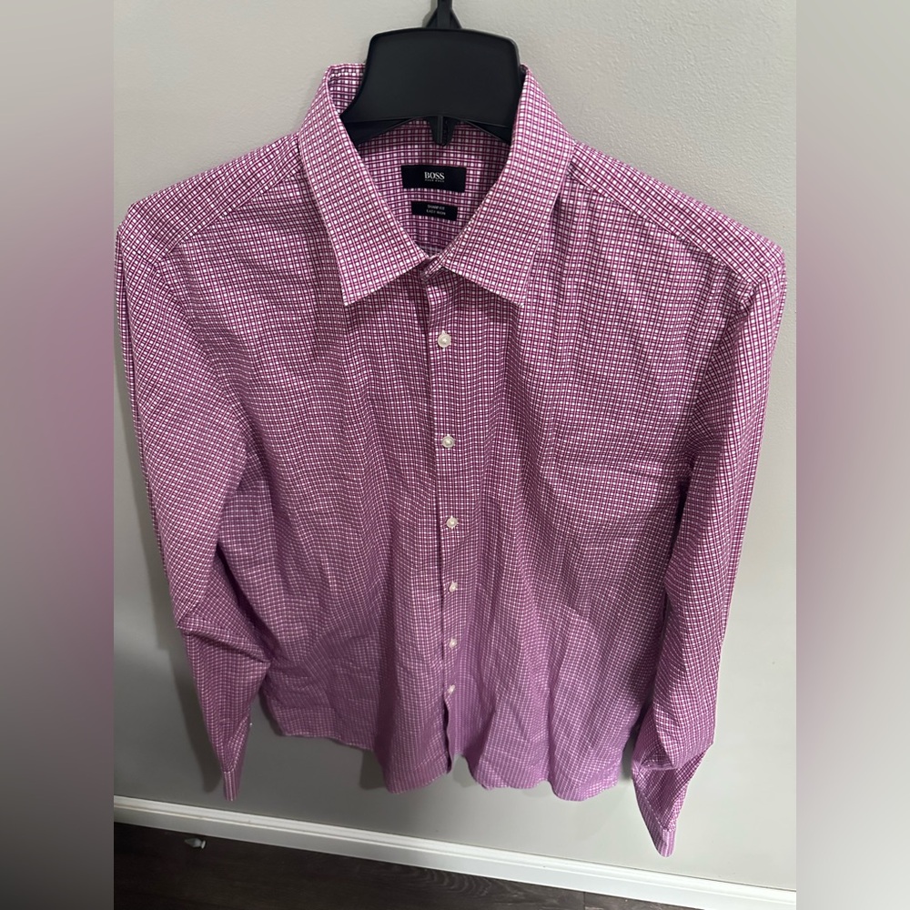 Hugo Boss Plaid Men Dress Shirt Sz 17” 36/37 Button‎ Up Sharp Fit Easy Iron